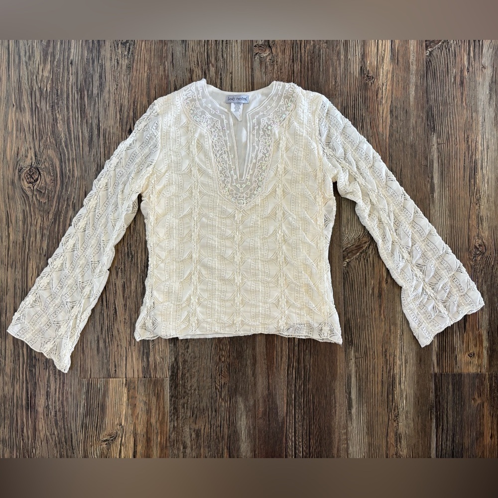 Body Central Lace L/S Ivory Top M Mesh Pearls Sequins Boho Romantic Cottagecore